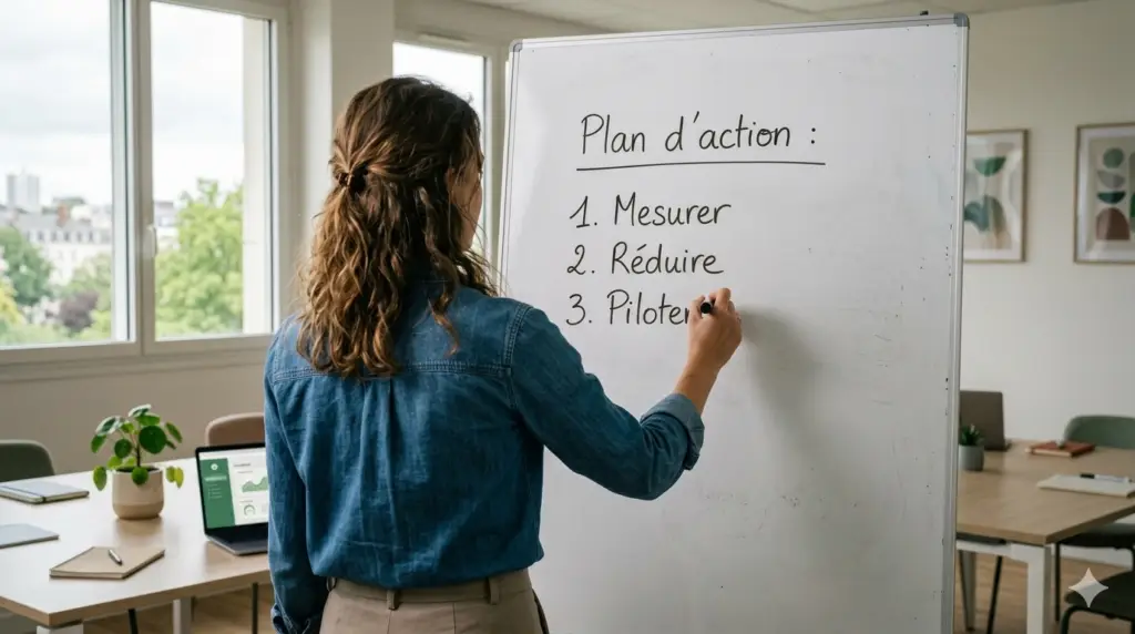 Femme qui écrit sur un tableau blanc décarbonation entreprise
