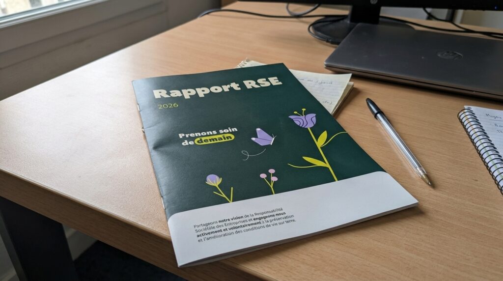 Rapport RSE 2026 d'une PME posé sur un bureau, à côté d'un carnet de notes et d'un ordinateur portable